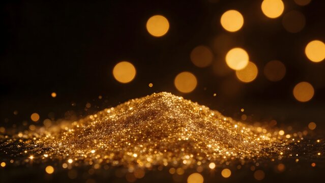 Pile of golden glitter with bokeh lights