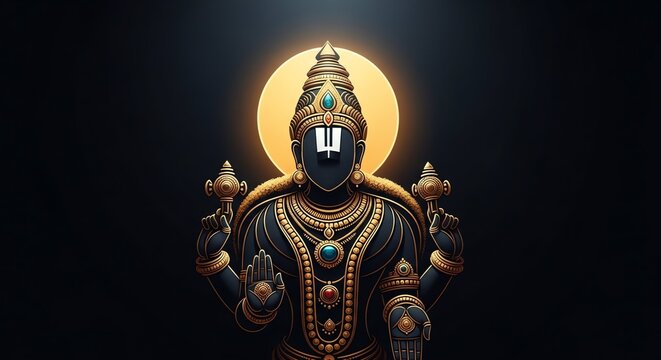 Majestic stylized depiction of Lord Venkateswara, a revered Hindu deity, richly adorned with intricate golden jewelry and a radiant halo, embodying spirituality and devotion.