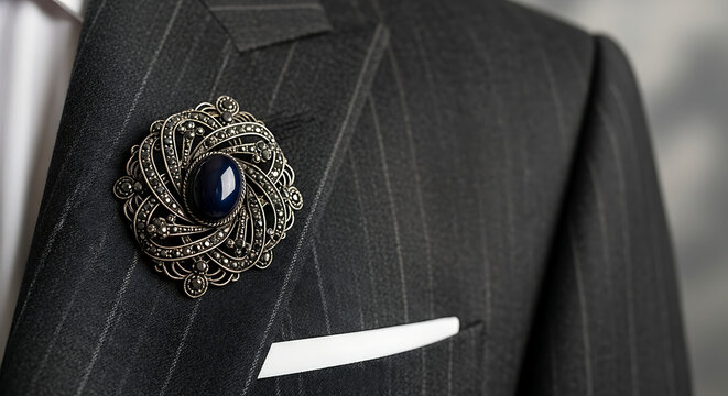 A man wearing a gray pinstripe suit with ornate brooch on lapel