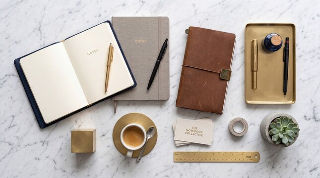 Workspace Flat Lay with Notebooks Pens and Coffee on a Clean Marble Desk