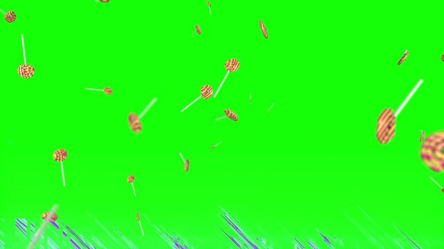 Red and white spiral lollipops with sticks fall through the air against a vibrant green screen backdrop motion video.