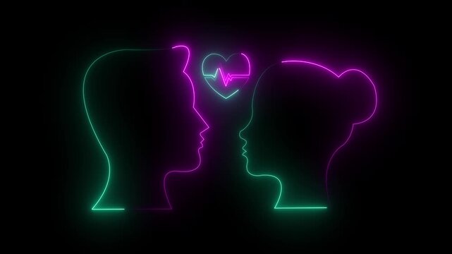 Glowing neon line man and woman symbols. Glowing neon romantic couple. Dating and relationships concept love and black background. Valentine's day couple gifts and Love HD video animation