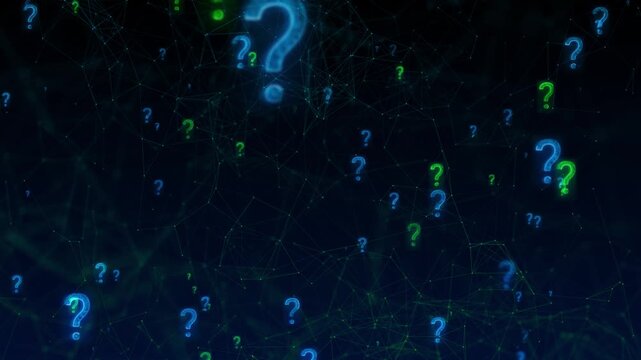 Question mark icon, problem sign flaying background. Question Mark Background. Flying Through Glowing Ai Cyber Space deep learning Loop Background. Help support, faq problem symbol, think education