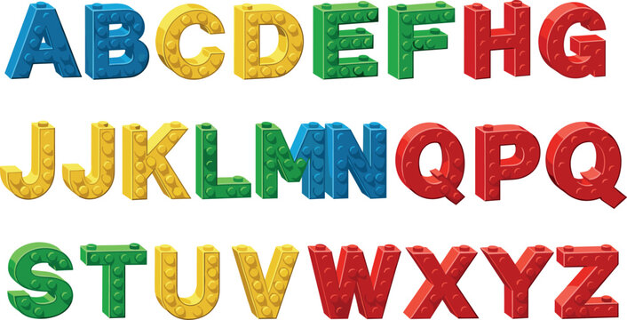 Fun Cartoon 3D Block Letters ABC Set in Red Yellow Green Blue Colors