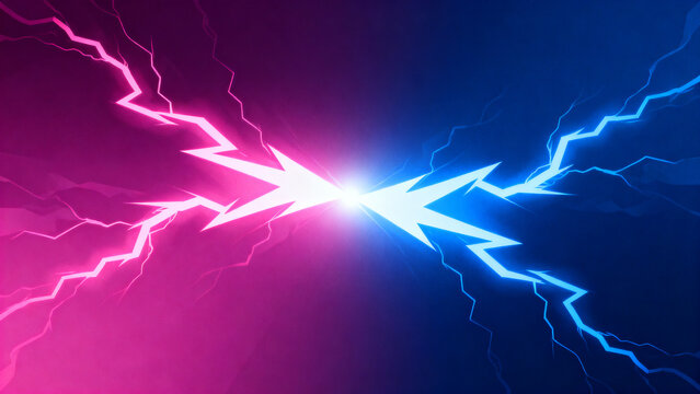 Abstract illustration of converging pink and blue lightning bolts clashing in the center, symbolizing energy and conflict