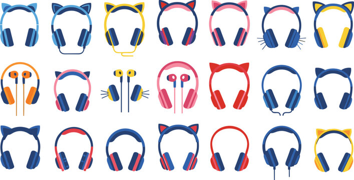 Cute cat ear headphones collection with colorful gaming headset designs and earbud audio devices cartoon vector illustration set