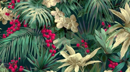 Obraz premium Tropical Flora's Symphony: Lush foliage of tropical plants showcases diverse textures and forms, a captivating display of nature's artistry and the allure of the wild.