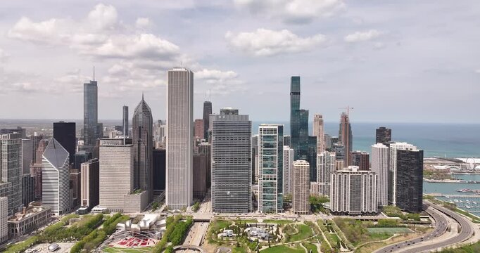  Aerial View of Chicago Skyline from Butler Field in Grant Park on a Sunny Spring Day &ndash; Downtown Chicago Cityscape April 23 2026
