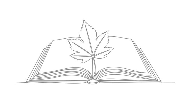 Open Book with Maple Leaf - Continuous Line Drawing