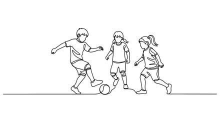 Three children playing soccer, continuous line drawing, white background.