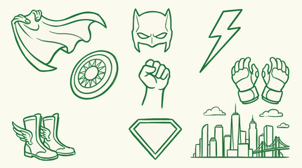 A collection of superhero-themed icons including a cape, shield, mask, lightning bolt, fist, gloves, winged boots, a diamond emblem, and a city skyline. © logan
