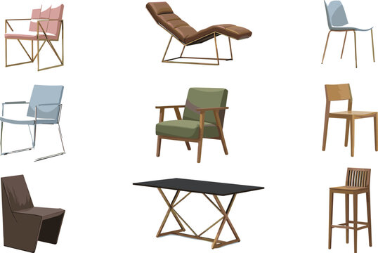 Modern designer chairs and lounge furniture collection with wooden dining chairs, bar stool and contemporary seating vector illustration set