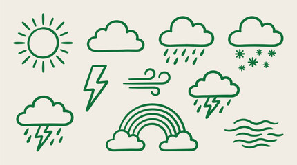 Naklejka premium A collection of hand-drawn green weather icons, including sun, clouds, rain, snow, lightning, wind, and a rainbow, set against a light beige background.