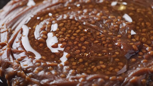 Close up shot of sweet sesame paste with flowing honey syrup cascading onto the textured surface a delightful culinary