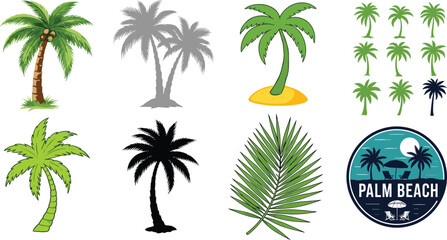 Naklejka premium Palm tree collection with tropical coconut trees, palm leaves and beach logo icons for summer island design vector illustration set