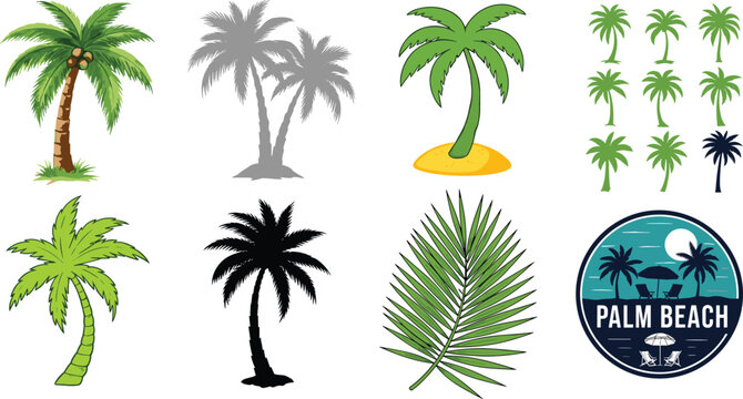 Palm tree collection with tropical coconut trees, palm leaves and beach logo icons for summer island design vector illustration set
