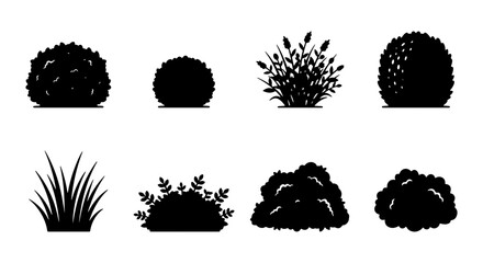 Black Shrub and Bush Silhouettes Set - Minimalist Flat Vector Garden Plant and Grass Icons © Mahmudul