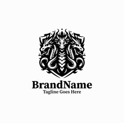 Fototapeta premium A three headed hydra creature within shield shape is illustrated as a fantasy emblem logo design monochrome bold