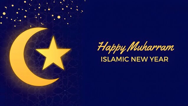 Happy islamic new year celebration with illuminated mosque and greeting text