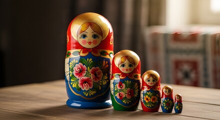 Fototapeta premium Colorful Russian Nesting Dolls on Wooden Table