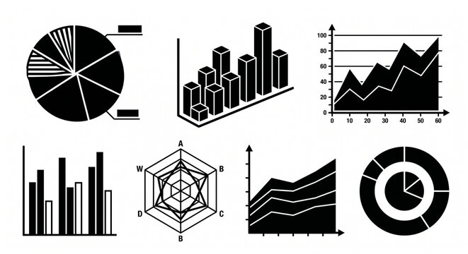 Complete Business Data Visualization Icon Set: Flat Black Vector Charts and Graphs Including Pie Chart, 3D Bar Graph, Line Chart, Area Graph, Radar Spider Chart, and Donut Chart Silhouettes, Isolated 