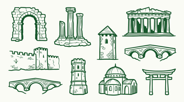 A collection of hand-drawn illustrations depicting various ancient architectural structures and landmarks from different cultures.
