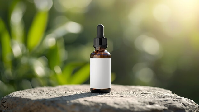 Natural CBD oil bottle with blank label on a rock, outdoor sunlight, green blurred background, product mockup
