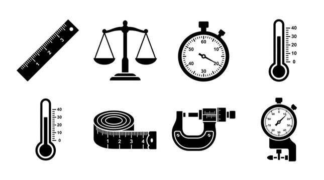 Collection World Metrology Day of scientific and measuring instruments including rulers, scales, thermometers, stopwatches, and measuring tapes