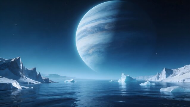Icey planet landscape with large celestial body
