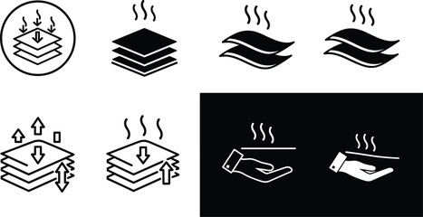 Heat insulation and thermal protection icons set showing layers airflow temperature control and energy efficiency symbols © PJ DeSign