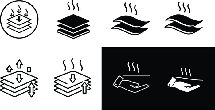 Heat insulation and thermal protection icons set showing layers airflow temperature control and energy efficiency symbols