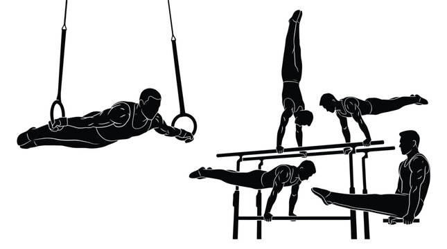 Set of silhouettes of male gymnasts performing various exercises on rings and parallel bars