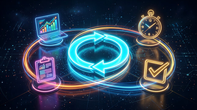 Abstract digital representation of workflow automation and business process optimization with glowing neon icons on a dark background