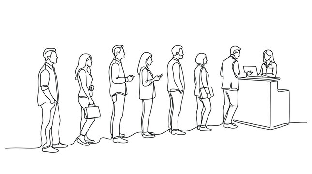 Continuous line drawing of people standing in a queue at the reception desk, waiting for service, business concept, vector illustration