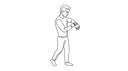 Obraz premium Continuous one line drawing of a young man looking at his wristwatch minimalist style of a person checking time on a watch