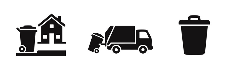 Set of waste management icons showing a garbage truck, a residential house with a bin, and a trash can silhouette for sanitation service design. © Lili