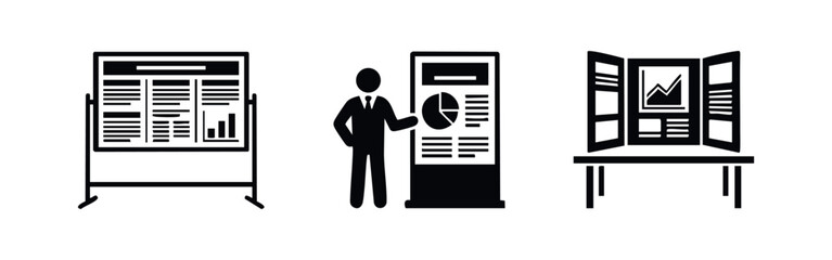Fototapeta premium Set of presentation and business data visualization icons featuring a board, a speaker with a chart, and a tri-fold scientific poster display.