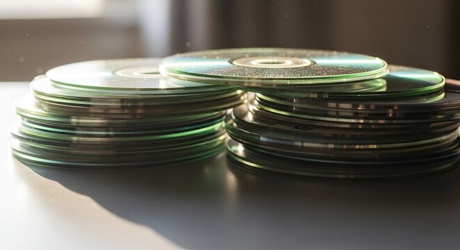 Stack of CDs on White Surface with Sunlight and Shadows