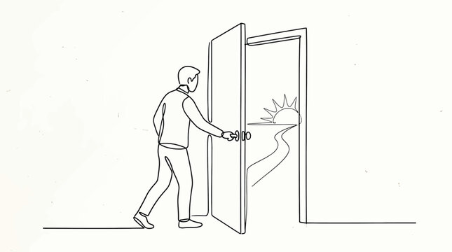 Continuous line drawing of a man opening a door to a new beginning with a sunrise and a path ahead, symbolizing hope, opportunity, and personal growth