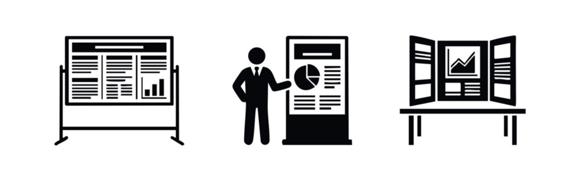 Set of presentation and business data visualization icons featuring a board, a speaker with a chart, and a tri-fold scientific poster display.