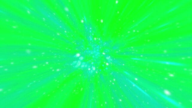 Vivid green background animation with light blue streaks and white particles moving outward, creating a dynamic hyperspace motion video.