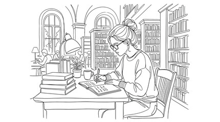 Line art illustration of a young woman studying in a library, sitting at a desk with books, a lamp, and a plant, surrounded by bookshelves and other students in a quiet academic setting © Hikari Vector Studio