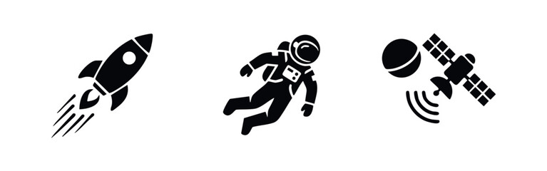 Collection of minimalist black space icons featuring a launching rocket, a floating astronaut, and a satellite orbiting a planet on white background. © Lili