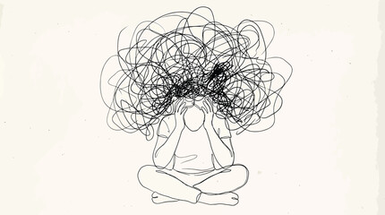 Line art illustration of a person sitting in a crosslegged position with a messy tangled scribble representing a chaotic mind or mental stress and anxiety © Hikari Vector Studio