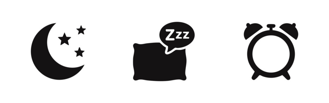 Minimalist black icon set for sleep and bedtime featuring a crescent moon with stars, a pillow with zzz text, and a classic alarm clock silhouette.