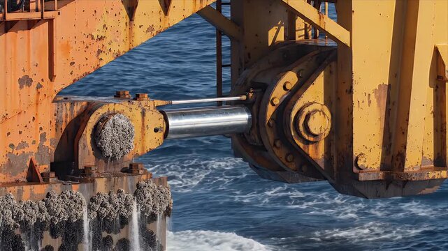 Close-Up View of Yellow Hydraulic Arm with Rust and Barnacles Against a Blue Ocean Background Heavy Industrial