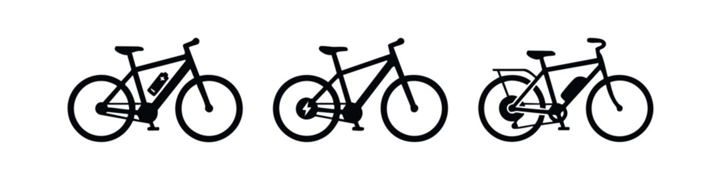 Set of three minimalist black e-bike icons on a white background, featuring different electric bicycle designs for eco-friendly urban commuting.