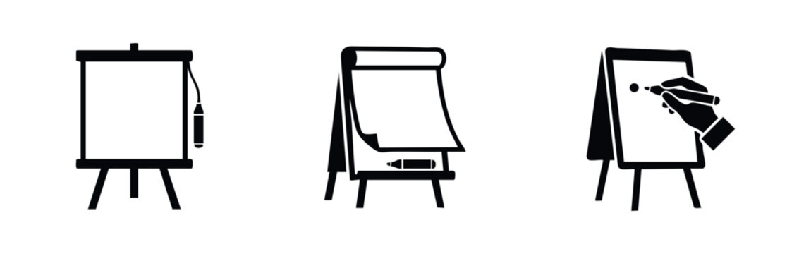 Set of minimalist presentation icons featuring a projection screen and flipcharts for business meetings, training, and educational seminars.