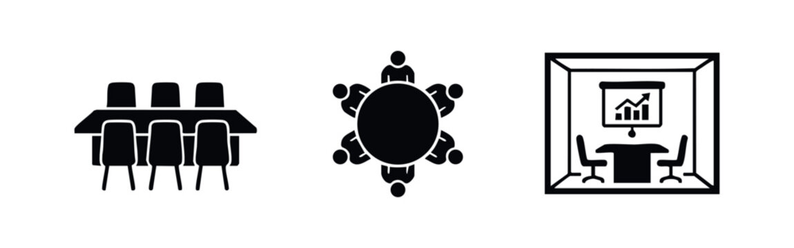 A set of three minimalist black icons representing a meeting room, conference table, and a business presentation with a growth chart.