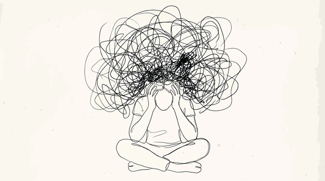 Line art illustration of a person sitting in a crosslegged position with a messy tangled scribble representing a chaotic mind or mental stress and anxiety
